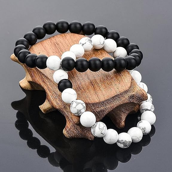 Pack of 2 Handcrafted Bead Stone Bracelet (White & Black)