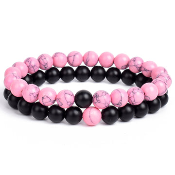 Pack of 2 Handcrafted Bead Stone Bracelet (Pink & Black)