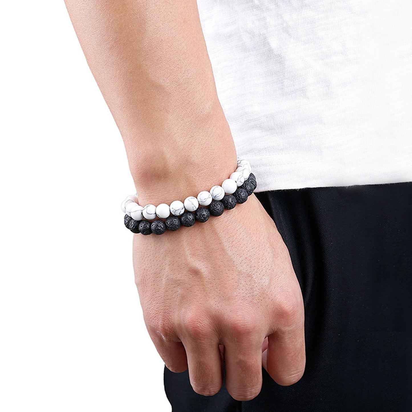 Pack of 2 Handcrafted Bead Stone Bracelet (White & Black)